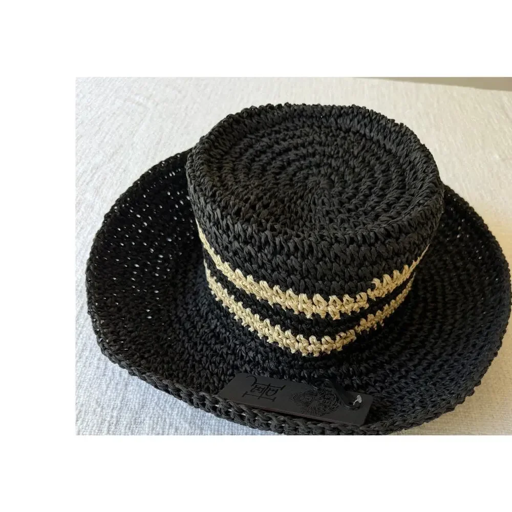 Ed Hardy Black Straw Sun Hat Tiger Embroidered, NEW
